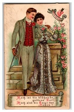 1909 Leipzig German Embossed Postcard Romantic Couple Roses "Liebe gibt"